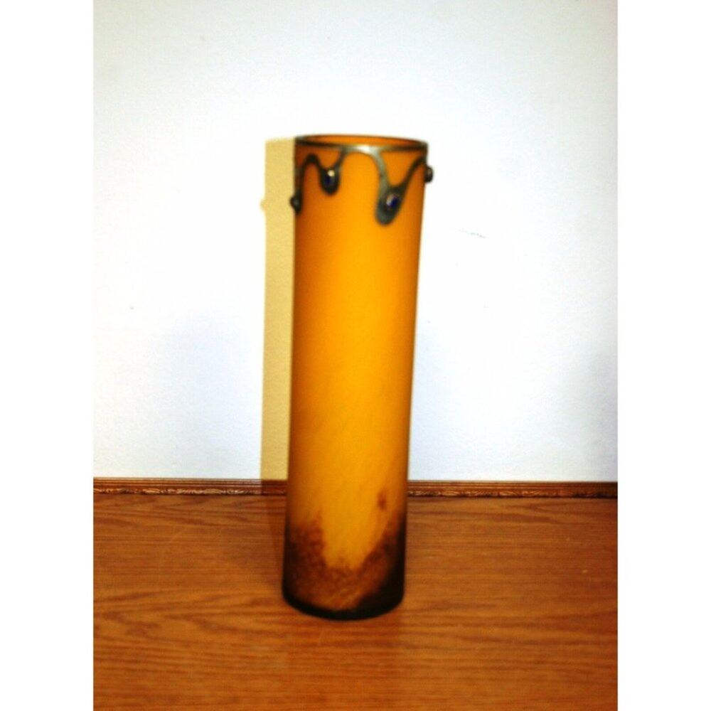 Signed Hand Made Blown glass Vase Coated With Silver & glass Stone Yellow